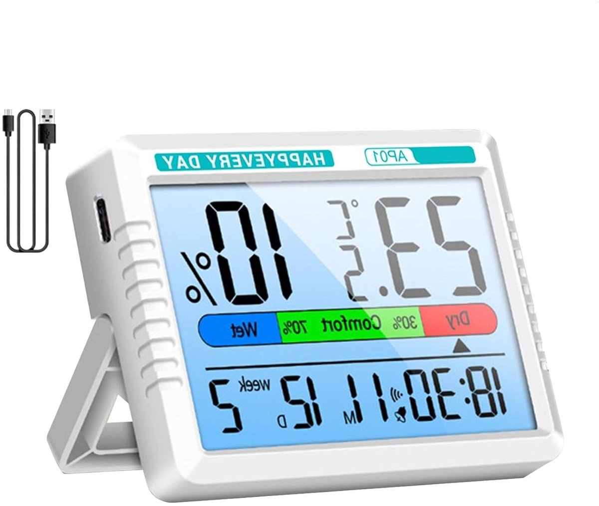 Kamertemperatuurmonitor Vochtigheidsmeter - Digitale Thermograaf - Binnenklimaat Monitoren - Met Ingebouwde Klok - 87 x 7 x 2 cm - Meerkleurig