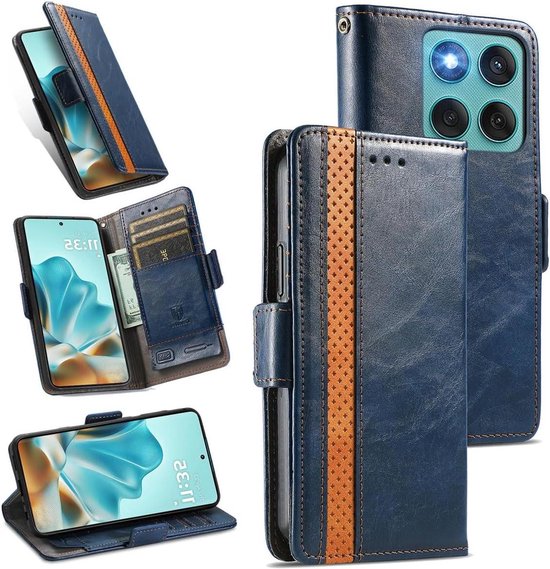 Blauwe smartphonehoes met bruine geperforeerde strook, kaartsleuven en camerabescherming.
