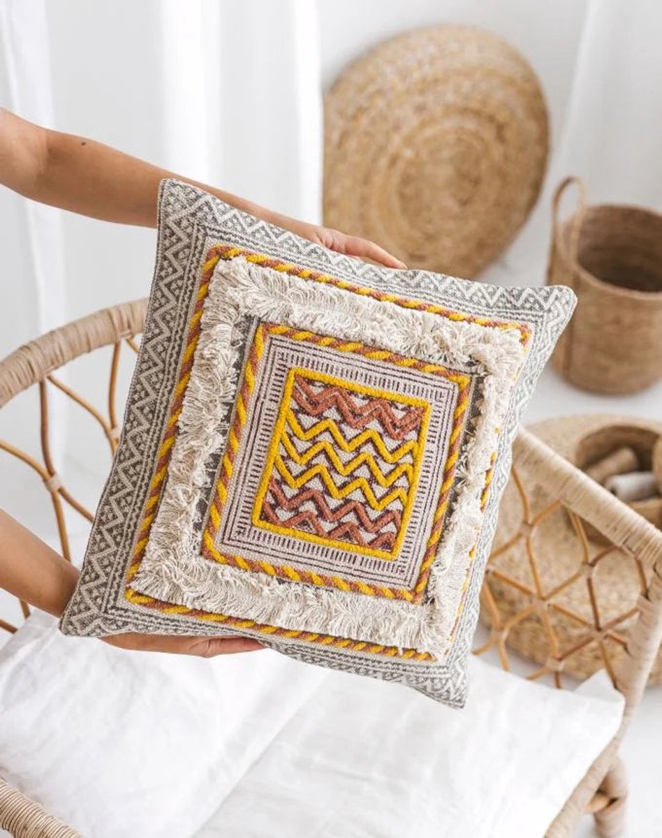 TFP Hand Block Printed Cushion Cover - Sierkussenhoes | Bodhi - 50 x 50 cm - 100% Organic Cotton (GOTS Certified) - Handmade in India - natural white, Beige, coral pink, Colourful