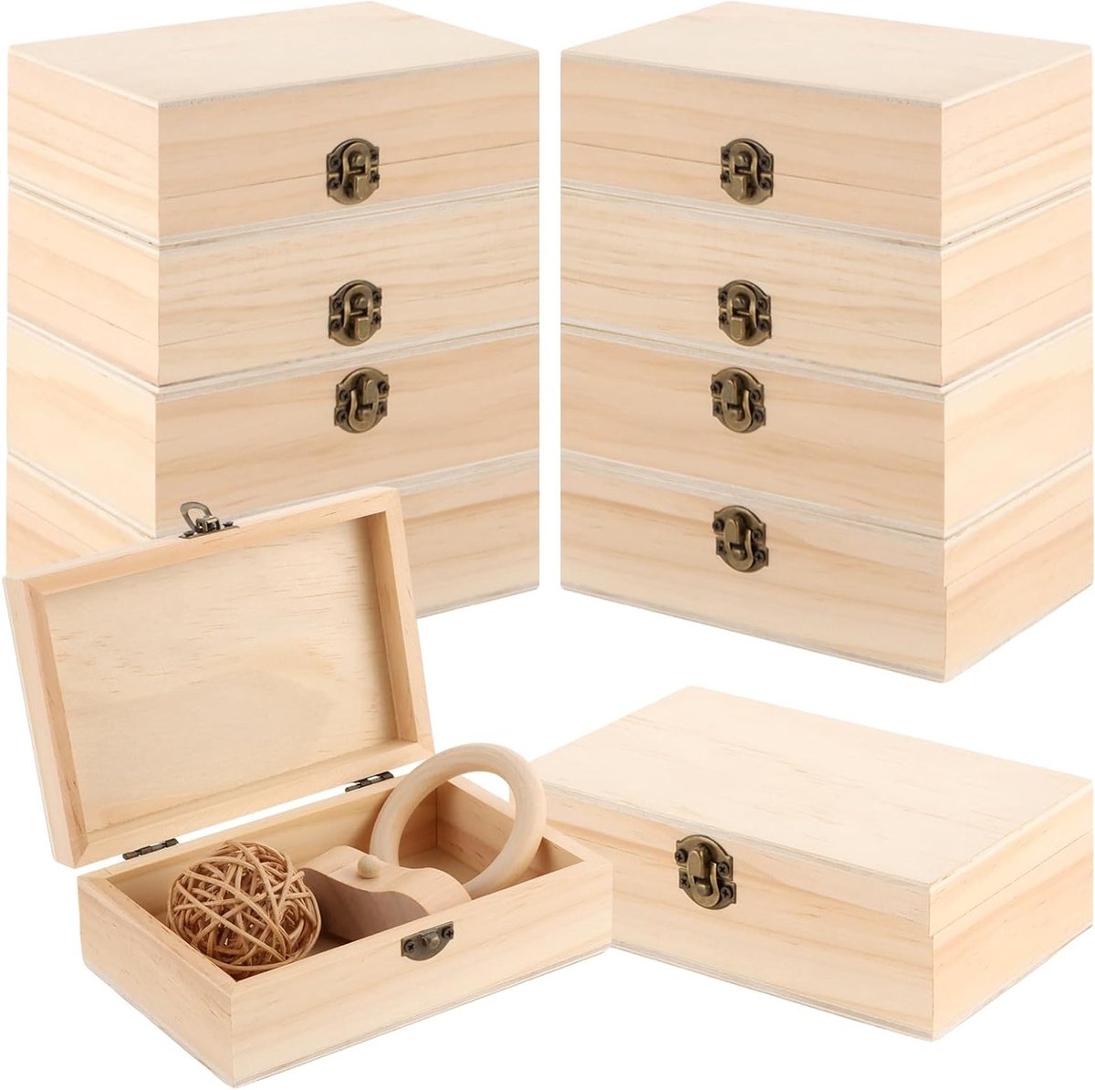 Set van 10 Houten Dozen met Deksel, 15 x 10 x 5 cm, Klassiek en Rustiek voor Sieraden en Accessoires, Opslagdozen voor Decoratie en Organisatie