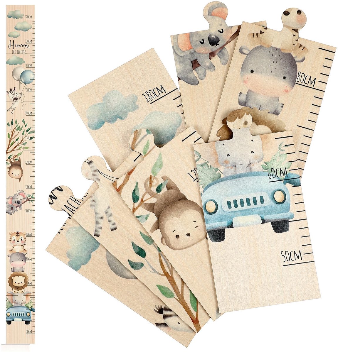 aladdien - Meetlat voor kinderen - Wandmeettabel - Houten schaal met schattige dieren - Groeimeting 50-180 cm - Geboortecadeau - Geschikt voor jongens