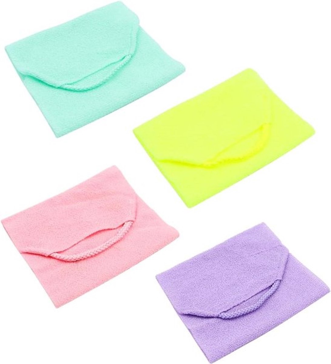Set van 4 exfoliërende rugscrubbers met handgrepen in diverse kleuren