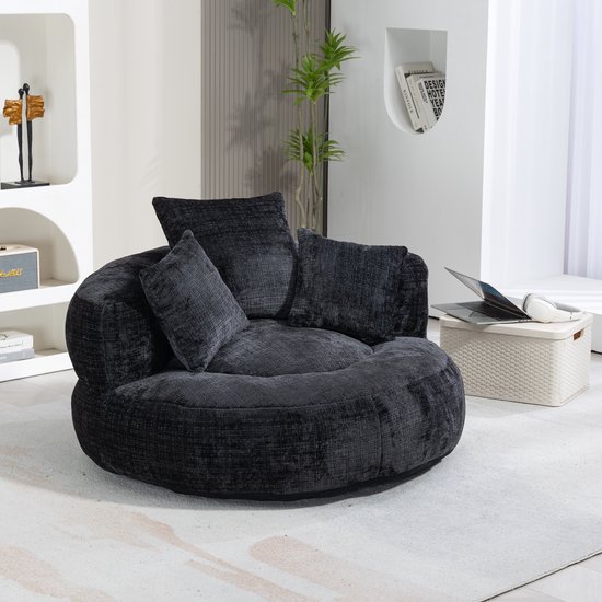 Wishdor Loungestoel - Hoge Rugleuning En Armleuningen - Rond Ontwerp - Voor Woonkamer - Chenille - Zwart - 108 x 108 x 52 cm
