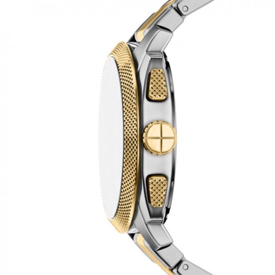 Gouden en zilverkleurig Fossil horloge, zijaanzicht met gouden knoppen en geribbelde lunette.
