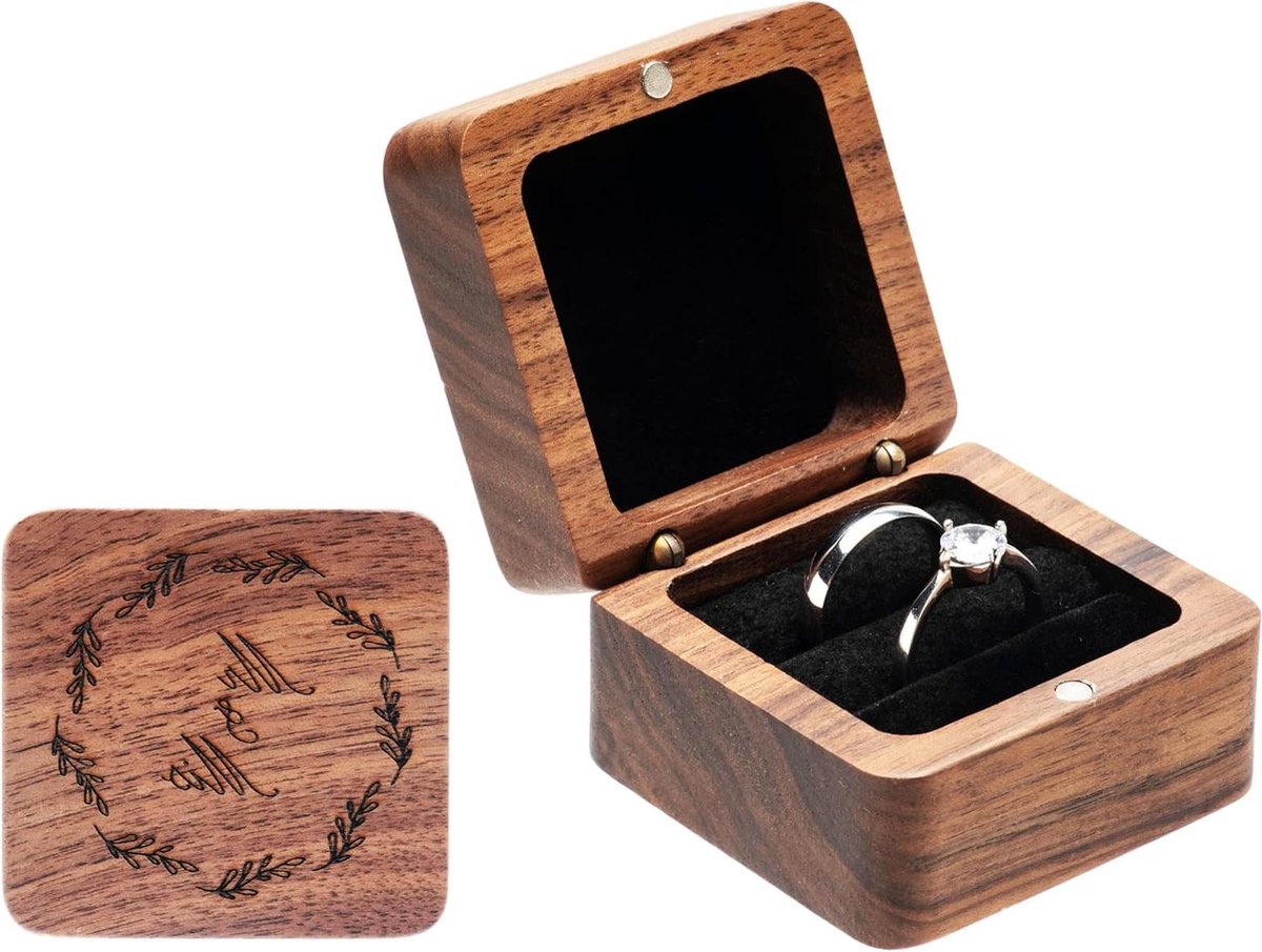 Houten Ringendoos - Doosje voor 2 ringen - Bruiloft ceremonie - Zachte bescherming - 5.5 x 5.5 cm - Zwart