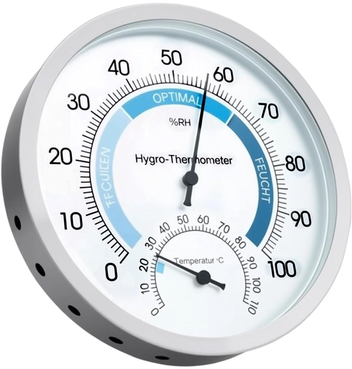 Analoge Thermometer Hygrometer - Weerstation Binnen - Klimaat Monitoren - Grote Wijzerplaat - 12.6 Centimeter - Wit