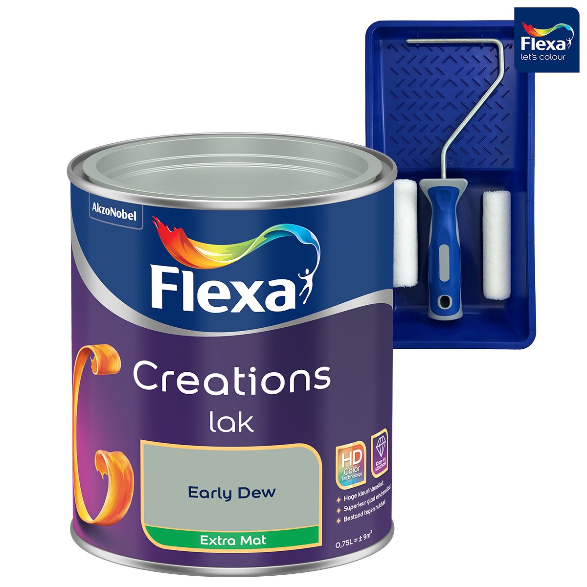 Voordeelpakket Flexa Creations - Lak Extra Mat - Early Dew - 750 ML + Lakroller - 4 Delig