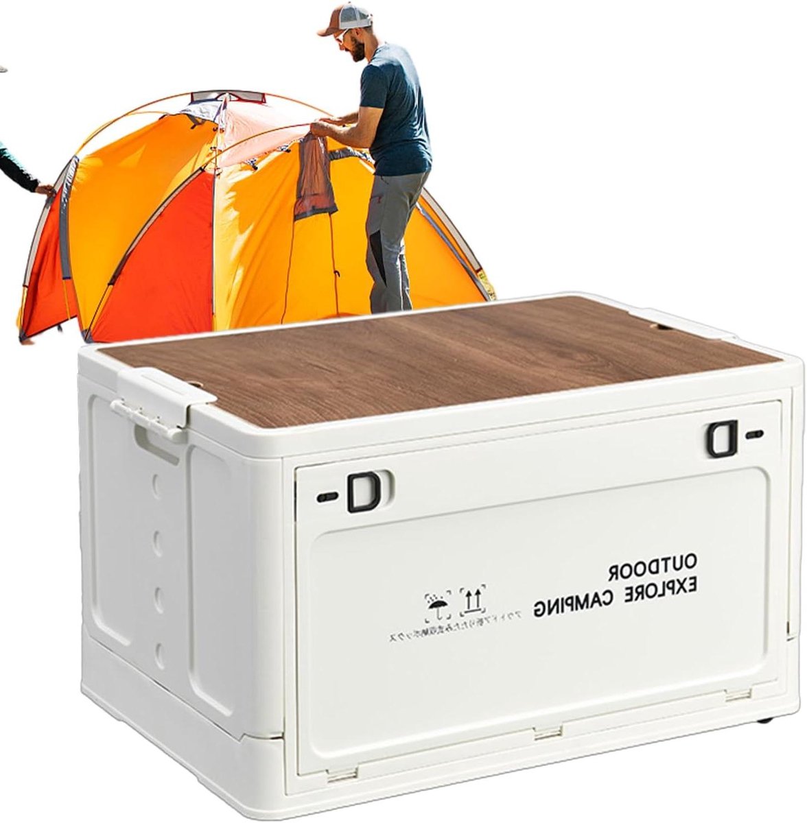 Opvouwbare opbergbox - Inklapbare bak - Buiten opbergen - Met houten deksel - 60 liter - Wit