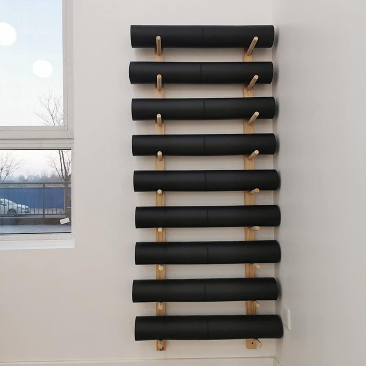 Yogamathouder - Fitnessrek - Sportartikelen Opbergen - Robuuste Houten Constructie - 9 Niveaus - Houtkleur