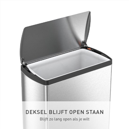 RVS pedaalemmer met open deksel. Tekst: DEKSEL BLIJFT OPEN STAAN.