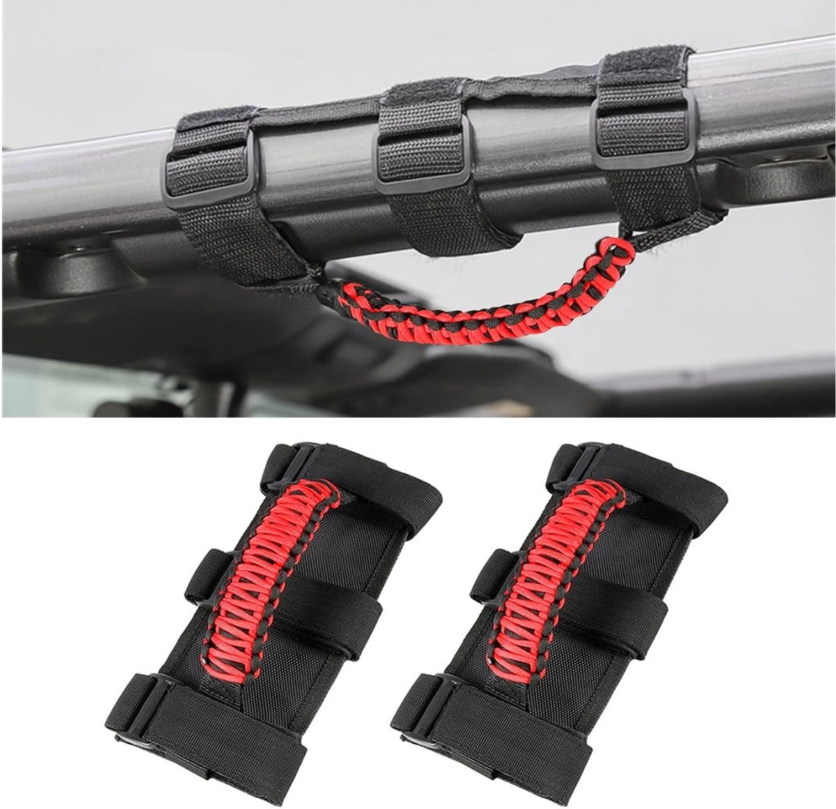 aladdien - Handgrepen voor rolbeugel - Paracord handgrepen - Universele handgrepen - Rood/zwart - Robuuste grip - Geschikt voor de meeste auto's