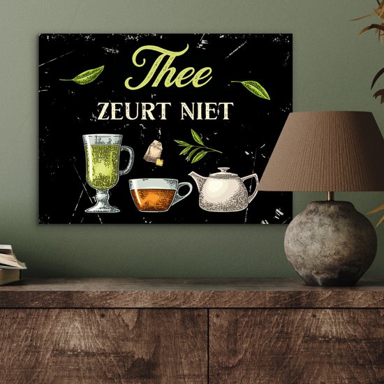 Aluminium schilderij 40x30 cm - Wanddecoratie metaal - Thee - Glazen - Theepot - Metalen muurdecoratie woonkamer - Decoratie industrieel - Foto op dibond - Industriële accessoires slaapkamer - Cadeau voor vrouw