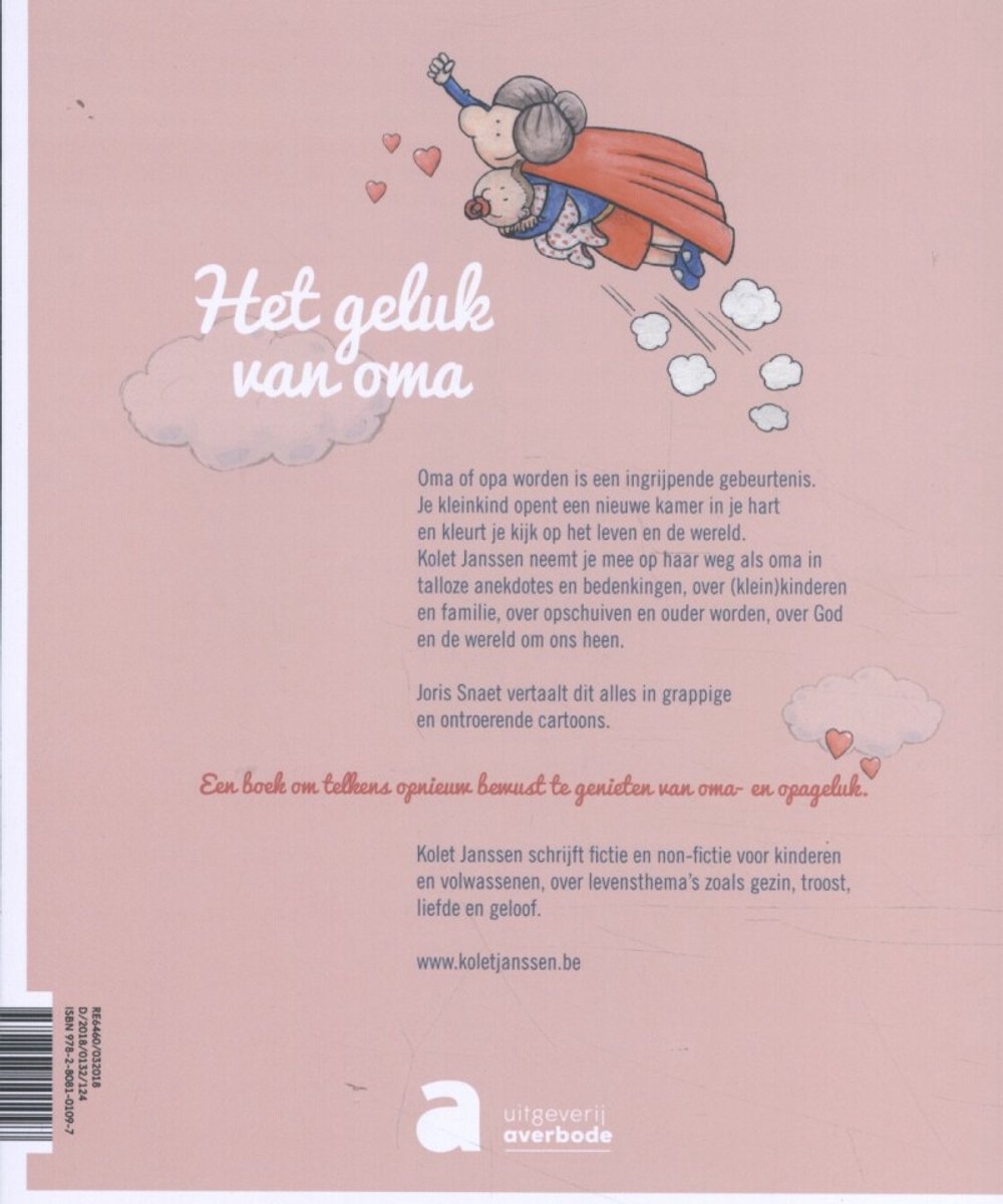 Boek "Het geluk van oma" met een illustratie van een oma die een baby vasthoudt, omringd door hartjes en wolken.