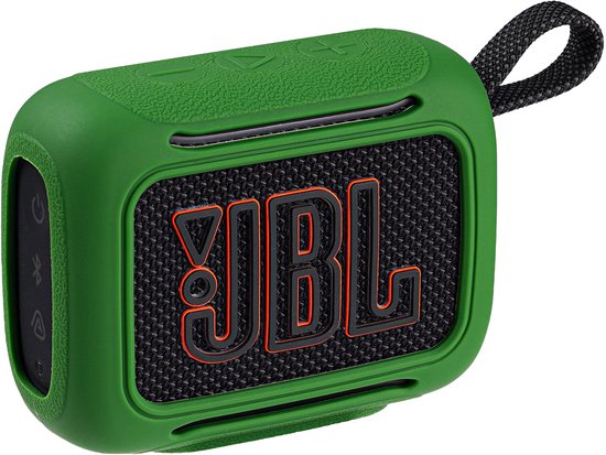 Groene siliconen beschermhoes met oranje JBL logo voor de JBL Go 5 speaker, zijkant zichtbaar.