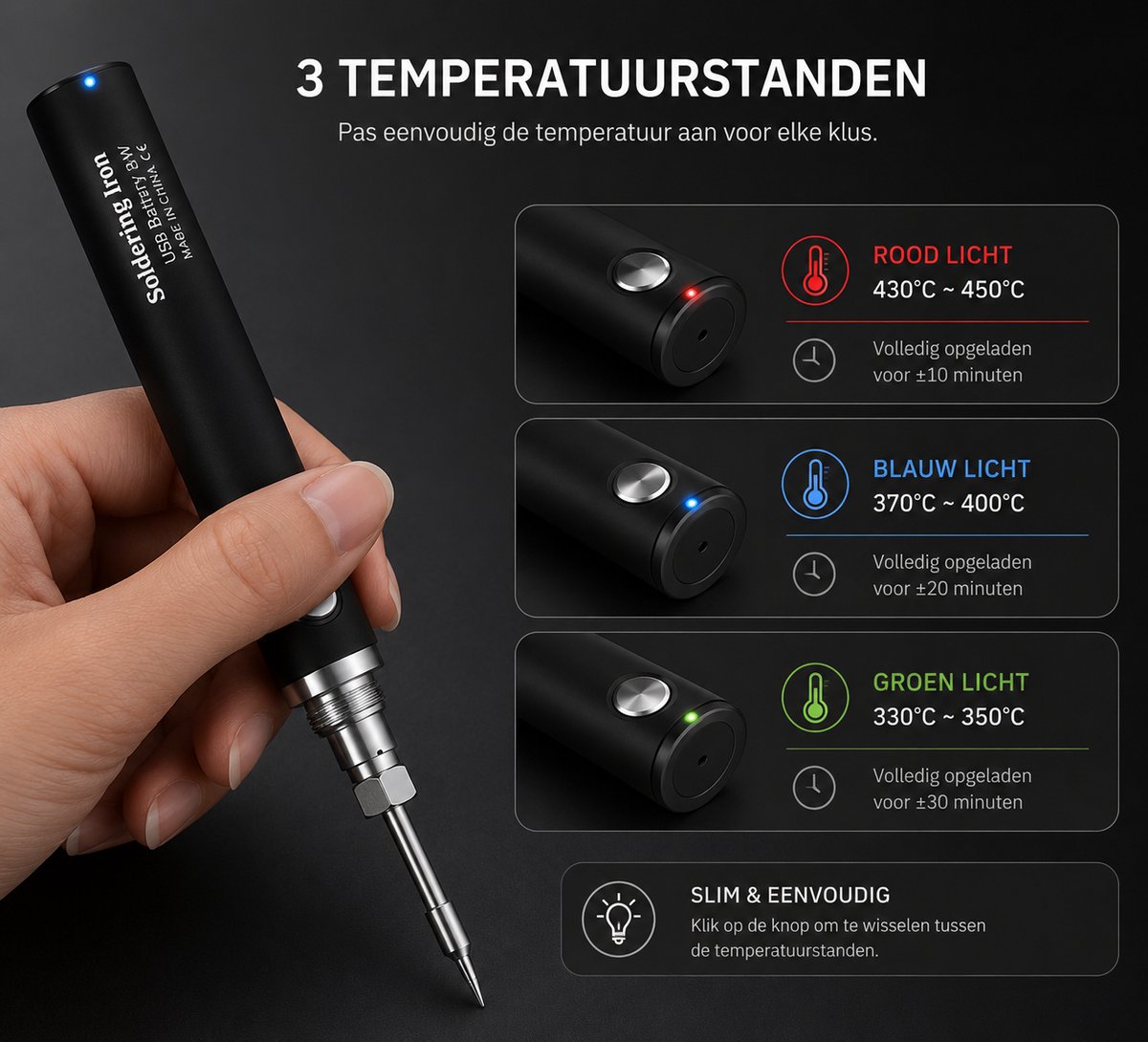 Draadloze soldeerbout kit - oplaadbaar - draagbaar - elektrisch soldeerpistool - 3 temperatuuraanpassing - soldeerlasgereedschap kit - reparatie huishoudelijke apparaten - elektronische componenten soldeerbouten – foto 4
