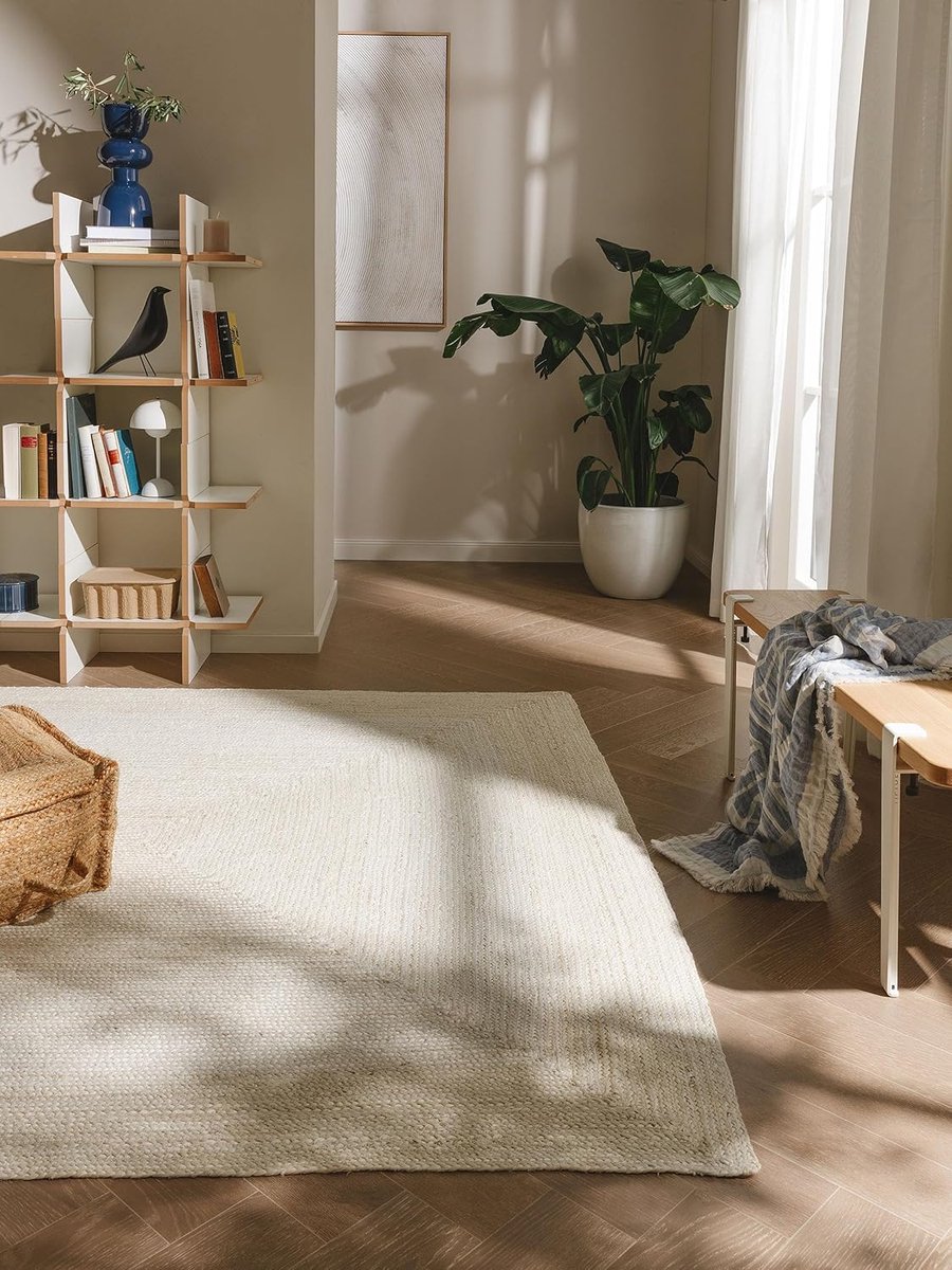Handgeweven Jute Woonkamer Mat, Ivoor, 200 x 300 cm, Natuurlijk Boho Design, Geschikt voor