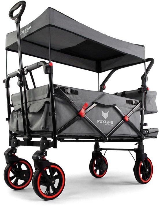 FUXLIFE by FUXTEC CT850 Bolderkar Kinderwagen - Opvouwbaar - Grijs | Comfortabel & Veilig - Met Zonnedak & Handkar - Max. 75kg
