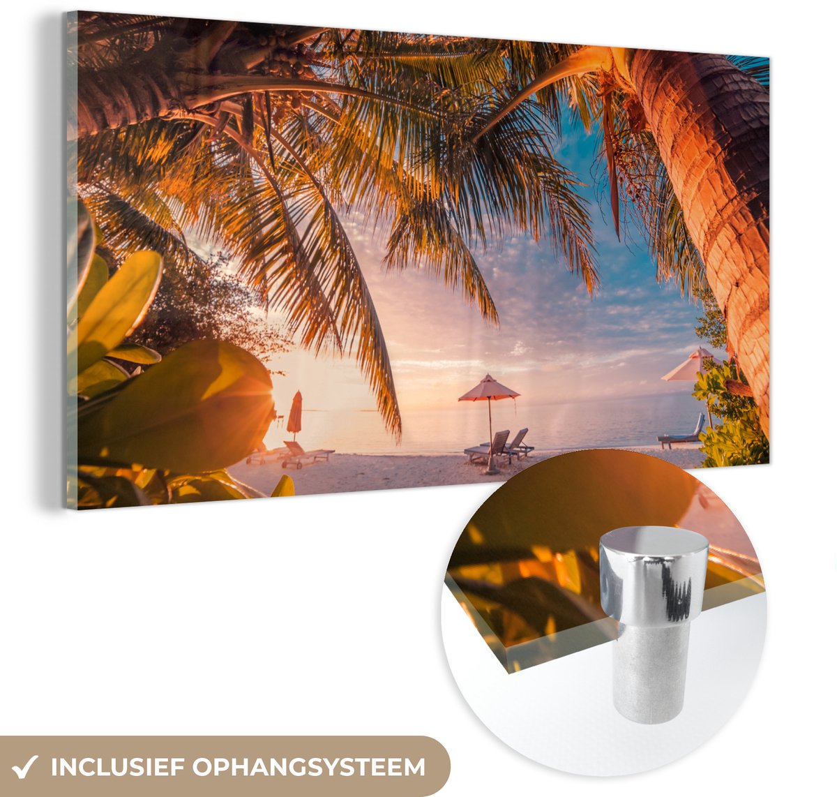 ® Glasschilderij 80x40 cm - Schilderij acrylglas - Parasol - Stoelen - Strand - Foto op glas - Muurdecoratie woonkamer - Wanddecoratie slaapkamer - Schilderijen