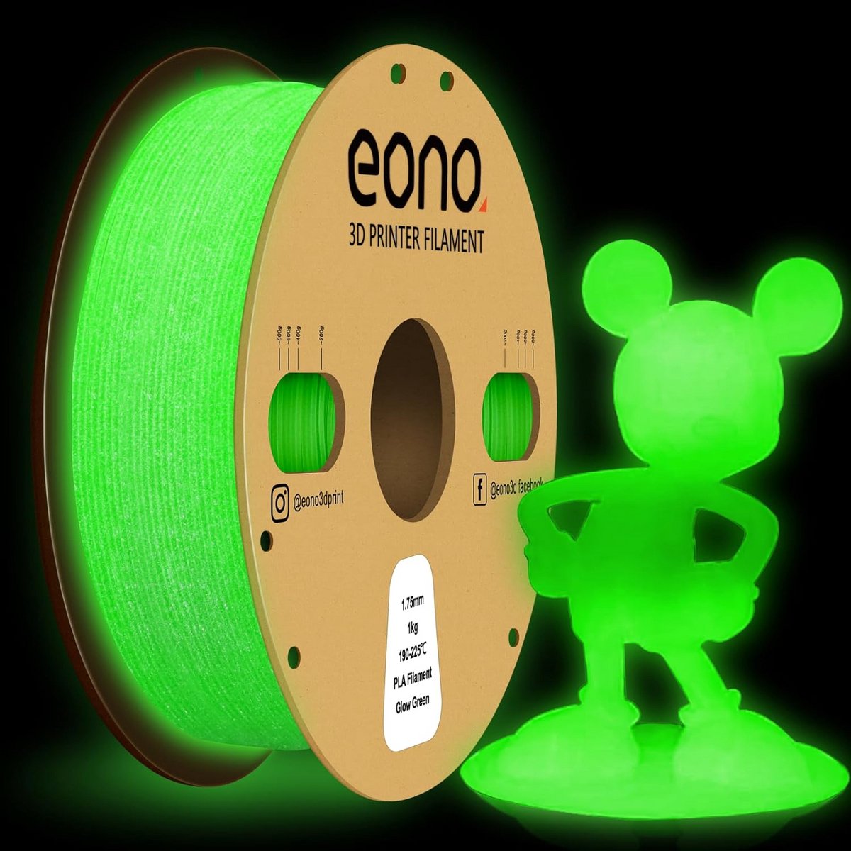 EONO PLA Glow in the Dark Glow in the Dark filament 1 kg (2,2 pond) voor 3D-printers, lichtgroen