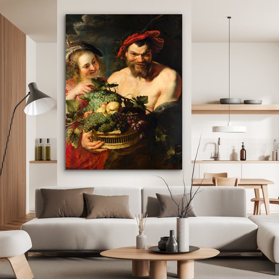 Nymphe et satyre - Peinture de Peter Paul Rubens Aluminium 120x160 cm - Tirage photo sur Aluminium (décoration murale métal) XXL / Groot format!