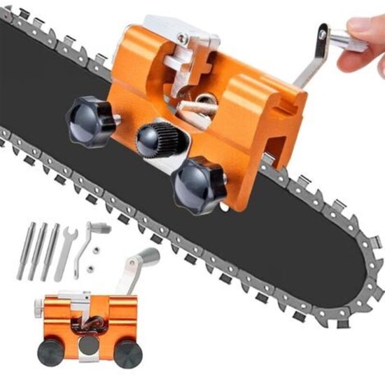 Oranje kettingslijper met zwarte knoppen op een kettingzaagketting. Inclusief accessoires.