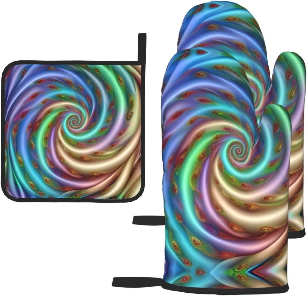 Ovenwanten en pannenlap - Keukenwanten set - Veilige hittebescherming - Tie-dye print design - 3 stuks - Zwart