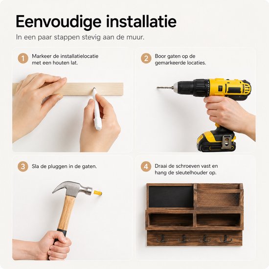 Installatie van een donkerbruin houten wandrek met memobord, brievenhouder en legplanken.