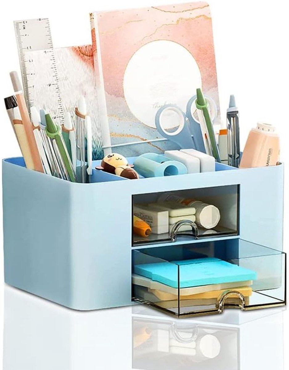 Multifunctionele Desk Organizer met Lade, 7 Compartimenten, Plastic Bureau Organizer voor Kantoorbenodigdheden, Pennen en Kantooraccessoires, Blauw