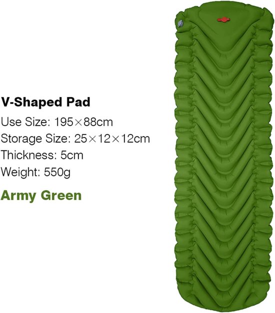 Zelfopblaasbare Slaapmat - Luchtbed Kamperen - Outdoor Slapen - Ingebouwde Voetpomp - Compact Opvouwbaar - Leger Groen — afbeelding 3