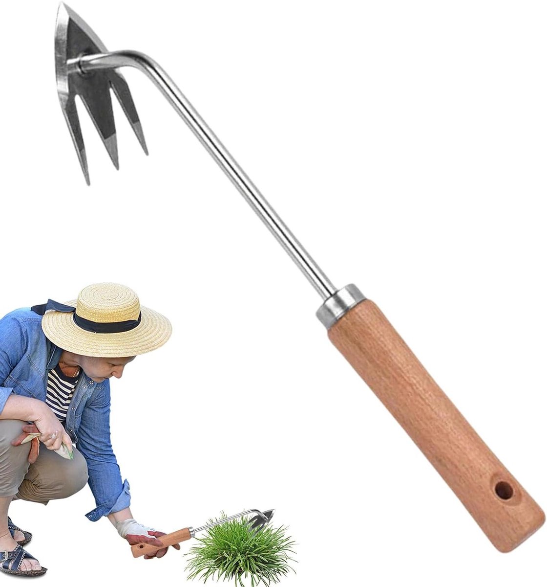Hand Weeder - Onkruidsteker - Tuinonderhoud - Ergonomische handgreep - 3 tanden - Houten handvat