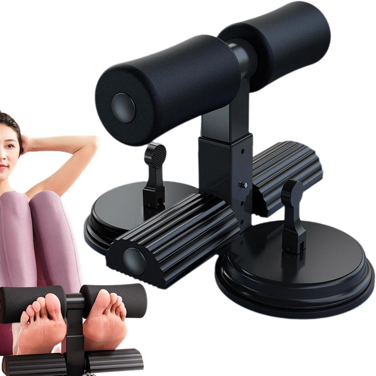 Sit-Up Apparatuur - Buiktrainer Thuiskit - Kerntraining Thuis - Dubbele Zuignap Stabiliteit - Verstelbare Hoogte - Zwart