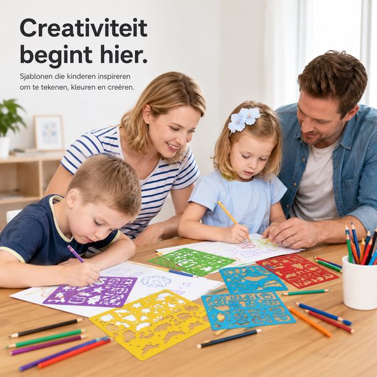 Een gezin tekent samen met kleurrijke sjablonen met veel vormen en dieren.