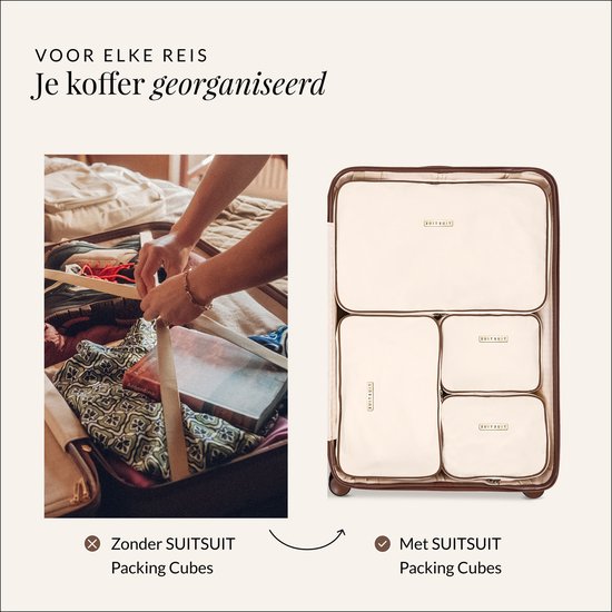 Vergelijking van een koffer, links zonder en rechts met SUITSUIT packing cubes.