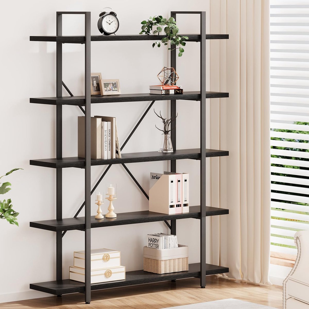 Urban Edge Industriële Boekenkast met 5 Open Planken – Zwarte Houten en Metalen Vakkenkast 120 x 32 x 216 cm voor Woonkamer, Slaapkamer, Kantoor en Studeerkamer