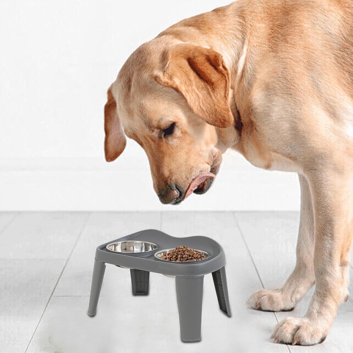 Dubbele Hondenbak - Verhoogd Voerstation - Comfortabel Eten - Anti-lek Ontwerp - 38.6cm Lengte - Grijs