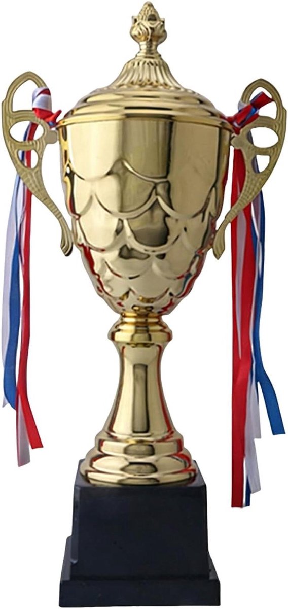 Metalen Trofee - Competitie Prijs - Prestatie Vieren - Met Lintaccenten - 28cm Hoog - Grijs/Zwart
