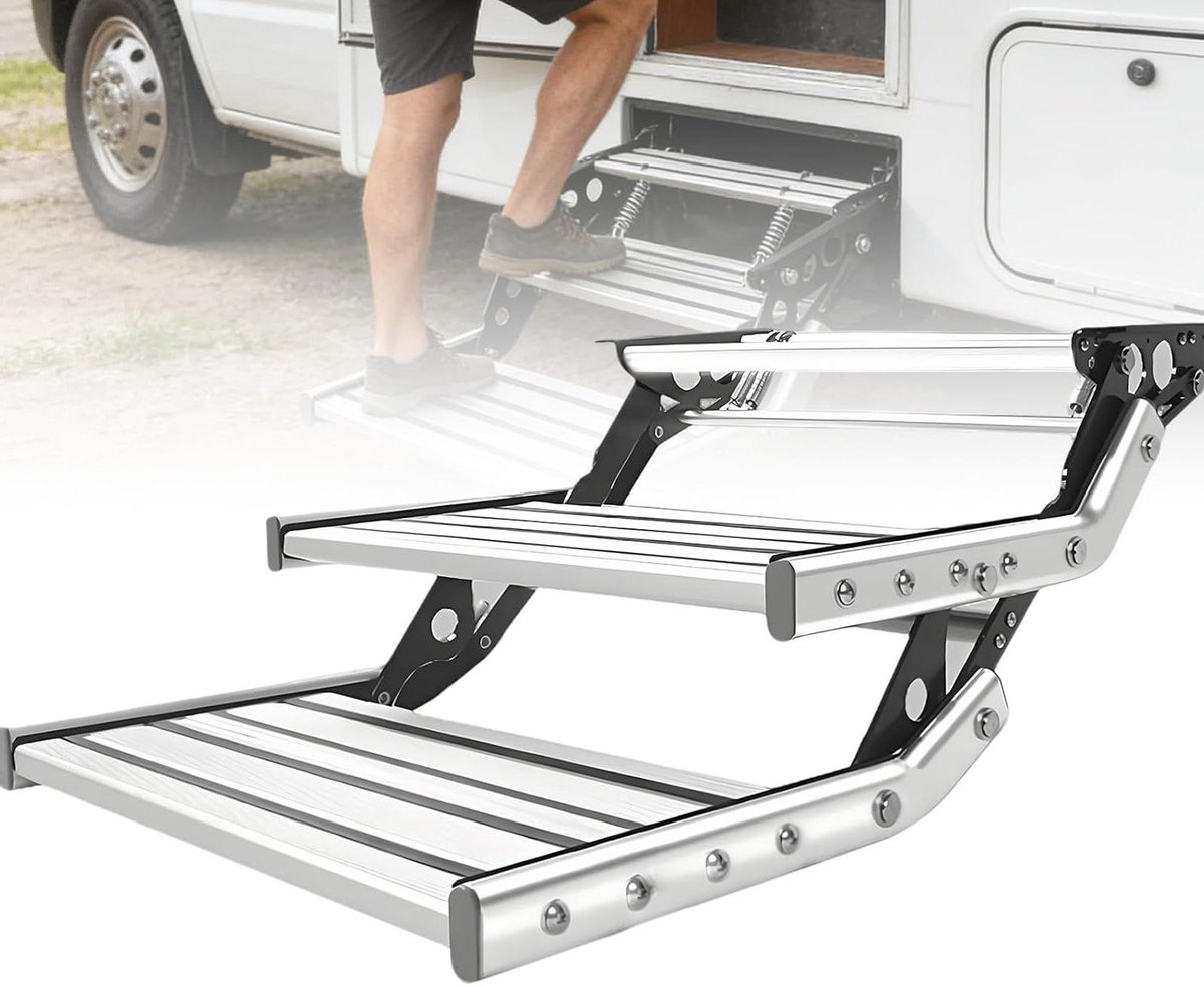 Uitschuifbare RV-trede - Inklapbare opstap - Veilig instappen - Met LED-verlichting - Draagvermogen 150kg - Aluminiumkleurig