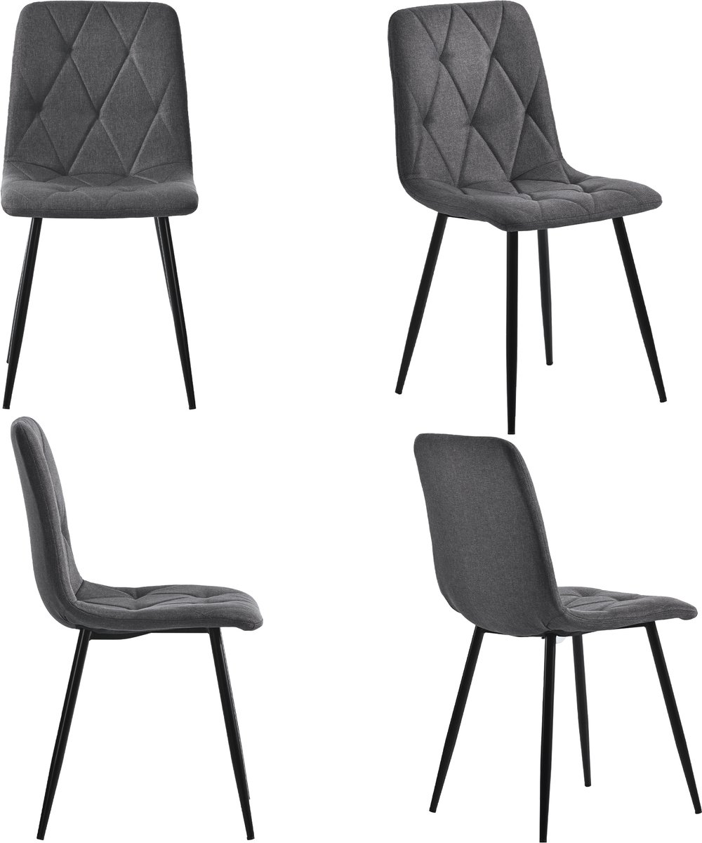Clruro Eetkamerstoelen - 4 Stuks - Gepolsterde Design Stoelen Met Rugleuning - Twill Linnen Zitting - Metalen Frame - Donkergrijs