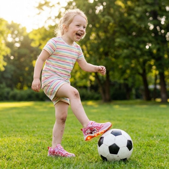 Lachend meisje met blonde staartjes in een gestreepte outfit, met roze sneakers aan, naast een voetbal in een park.