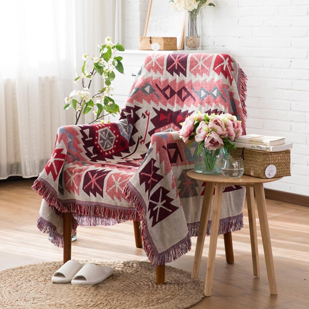 Dubbelzijdige Plaid van Gevlochten Katoen met Kwastjes - Geometrisch Patroon in Bohemian Ethnic Stijl voor Bed, Bank, Camping en Tafeldecoratie