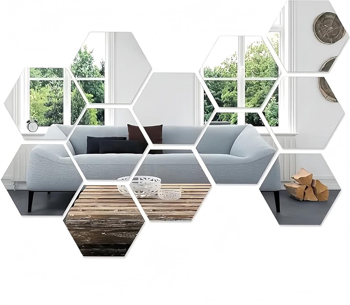 Hexagonale Spiegels voor Muurdecoratie - 12 Stuks Zelfklevende Acryl Stickers, Verstelbaar en Modern, Perfect voor Woonkamer en Slaapkamer