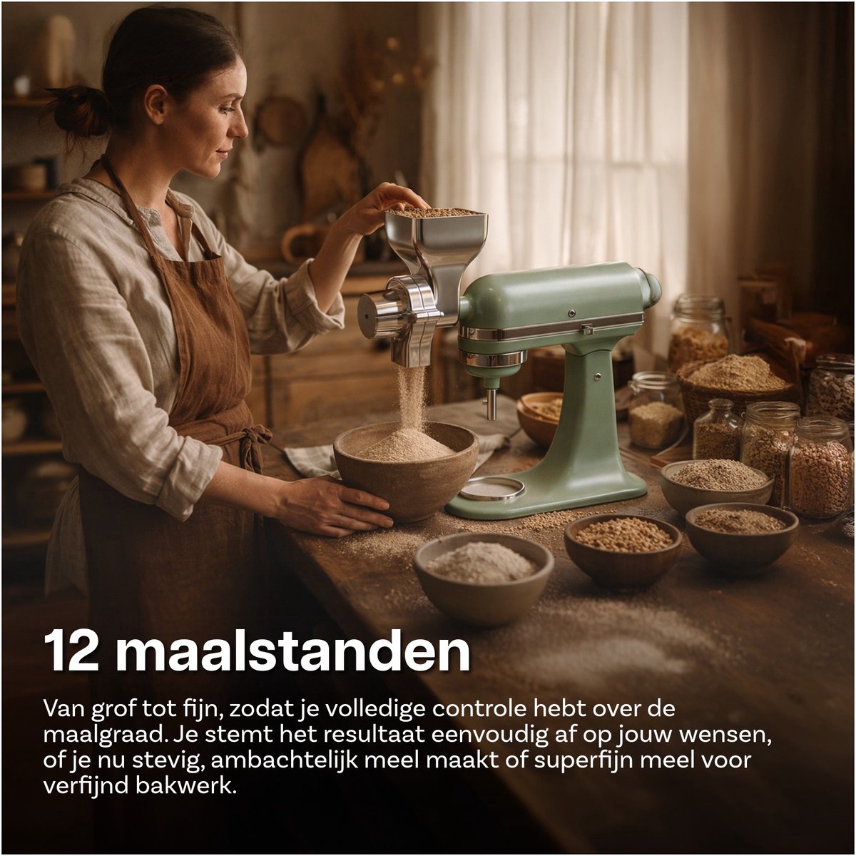 Graanmolen Opzetstuk voor KitchenAid Stand Mixer van MMOBIEL – 12 Instelbare Maalstanden – Metalen Graanmolen voor Malen van Tarwe, Maïs, Haver, Noten, Koffiebonen & Meer – Makkelijk Te Reinigen thumbnail 6