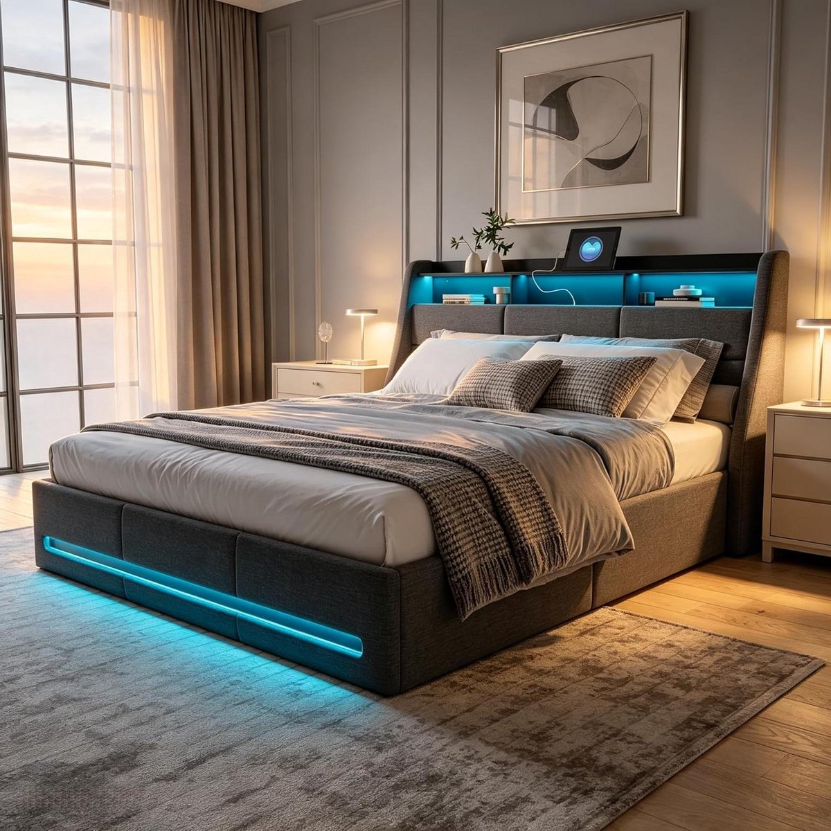 Led Bedframe - Tweepersoons Bed - Moderne Slaapkamer - Geïntegreerde Opbergruimte - 160x20