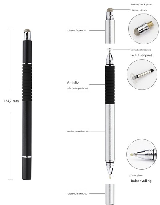 Universele Stylus Pen Met 3 Verschillende Tips - Disc Tip Soft Tip en Balpen Tip - Geschikt voor Telefoon Tablet en iPad -grijs — afbeelding 3