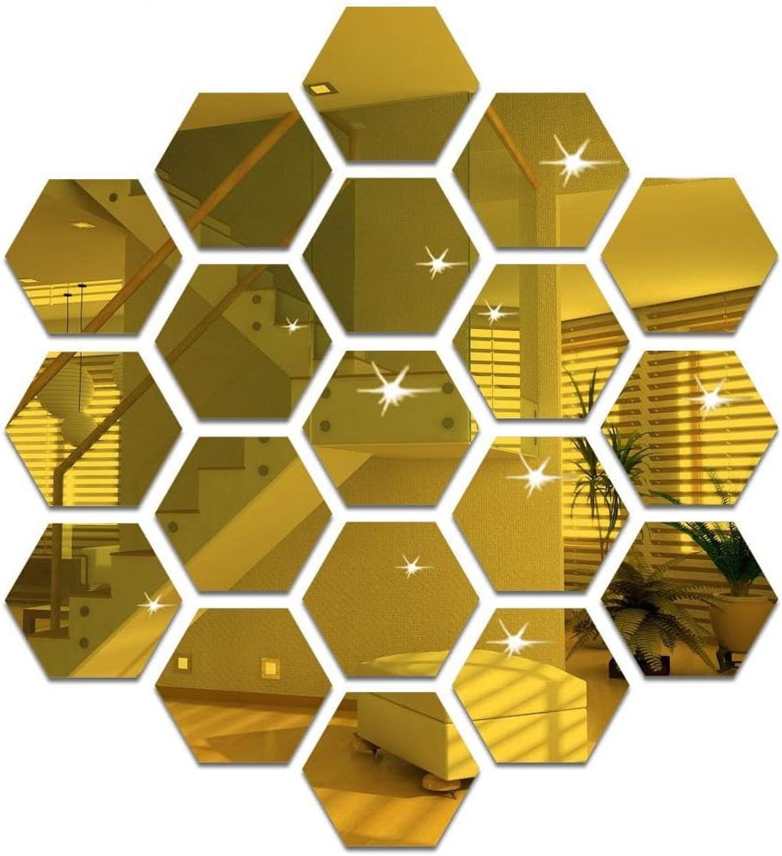 Decoratieve Honeycomb Wandspiegels - 12 Stuks Gouden Acryl Stickers voor Badkamer, Slaapkamer en Woonkamer Decoratie