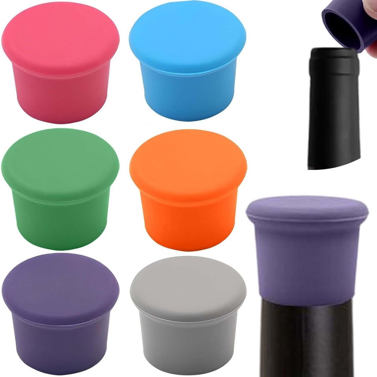 carmdering - Wijnstop - Siliconen Wijnstop - Flessenstop - Set van 6, 6 kleuren, luchtdicht, vaatwasmachinebestendig - Voor wijn, champagne en frisdrank - Herbruikbaar, flexibel, eenvoudig schoon te maken - Perfect voor thuis, feestjes en reis