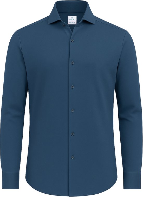Vercate - Strijkvrij Overhemd - Japanese Knitted - Piqué Katoen - Blauw - Slim Fit - Lange Mouw - Heren - Maat 44/XL