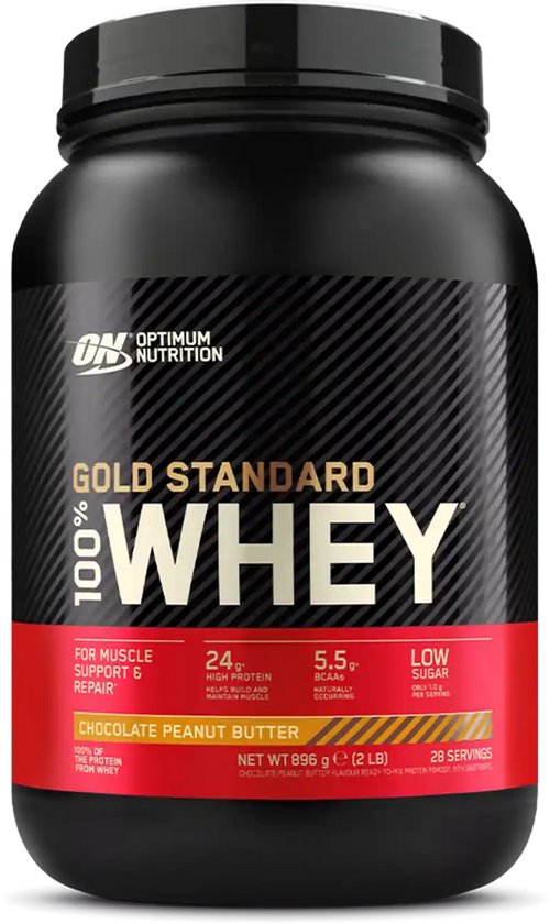 Zwarte pot met Optimum Nutrition Gold Standard 100% Whey, "Chocolate Peanut Butter" smaak, 2 Lb (28 servings).