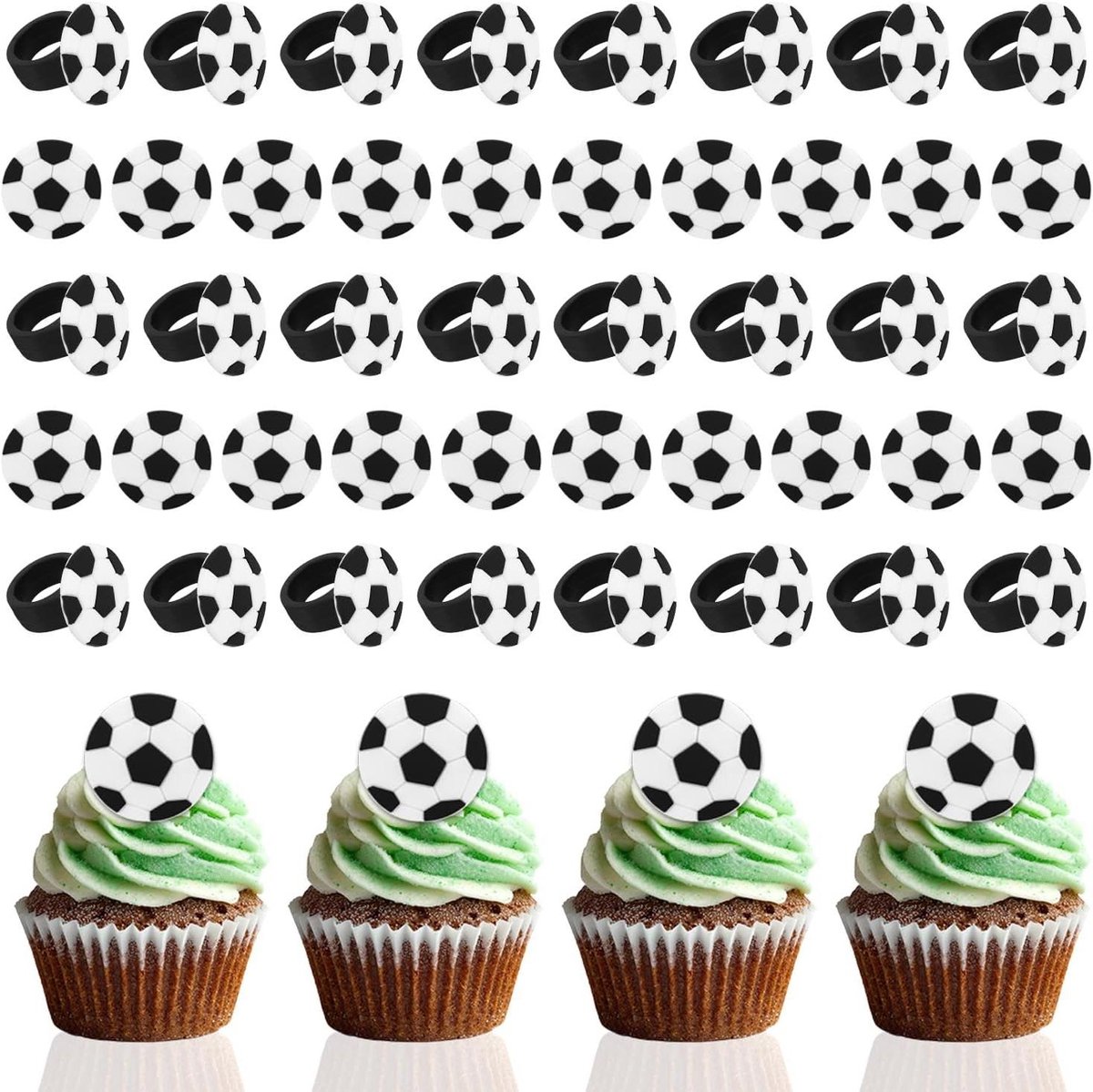 Voetbal Cupcake Ringen - Taart Decoratie - Feest Versieren - Realistisch Ontwerp - 48 Stuks - Zwart Wit