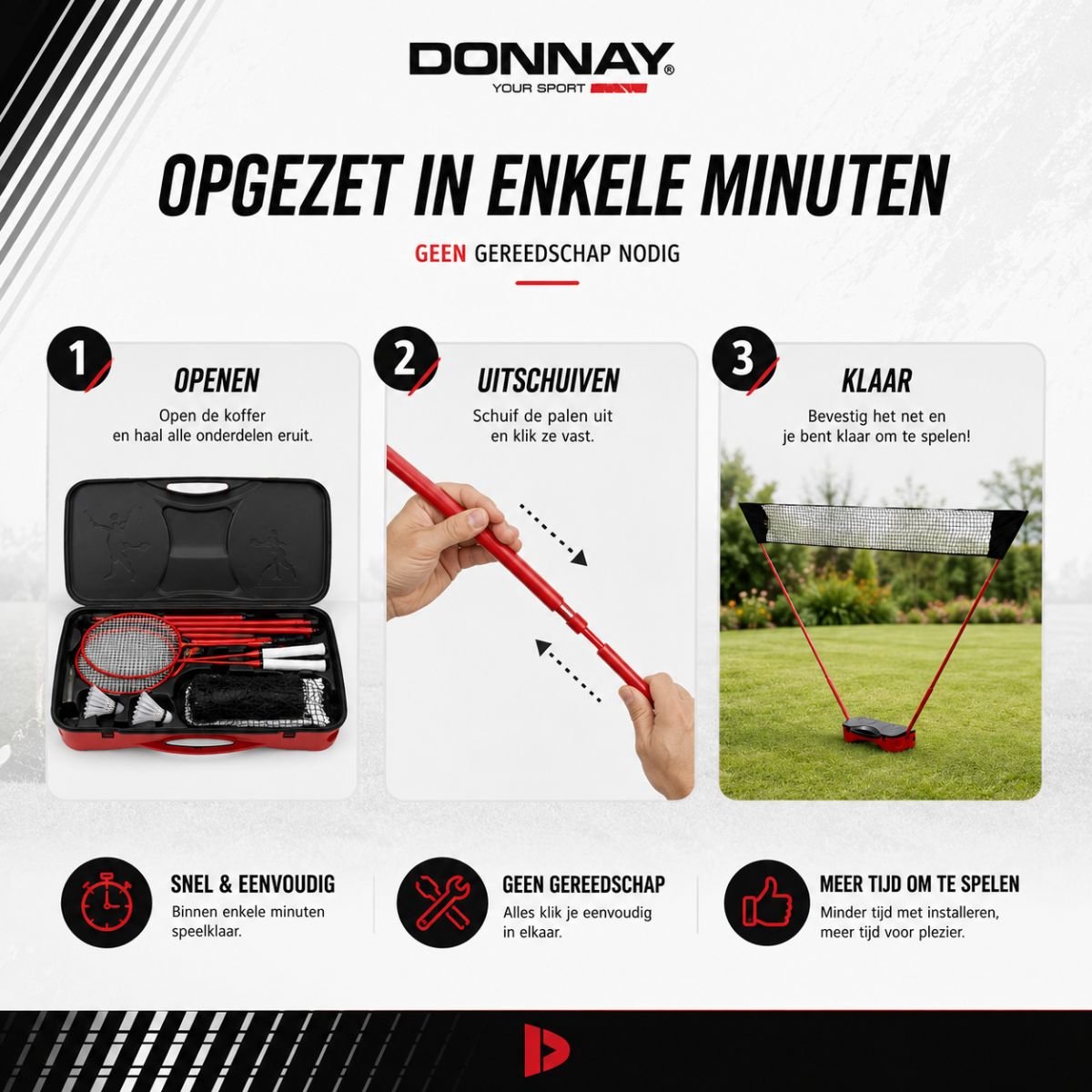 Donnay Badmintonset - Badminton Complete Set Voor 2 Personen - Inclusief Badminton Shuttles, Badmintonrackets en Badmintonnet - Met Handige Badmintontas - Badminton Racket in Zwart/Rood — afbeelding 3